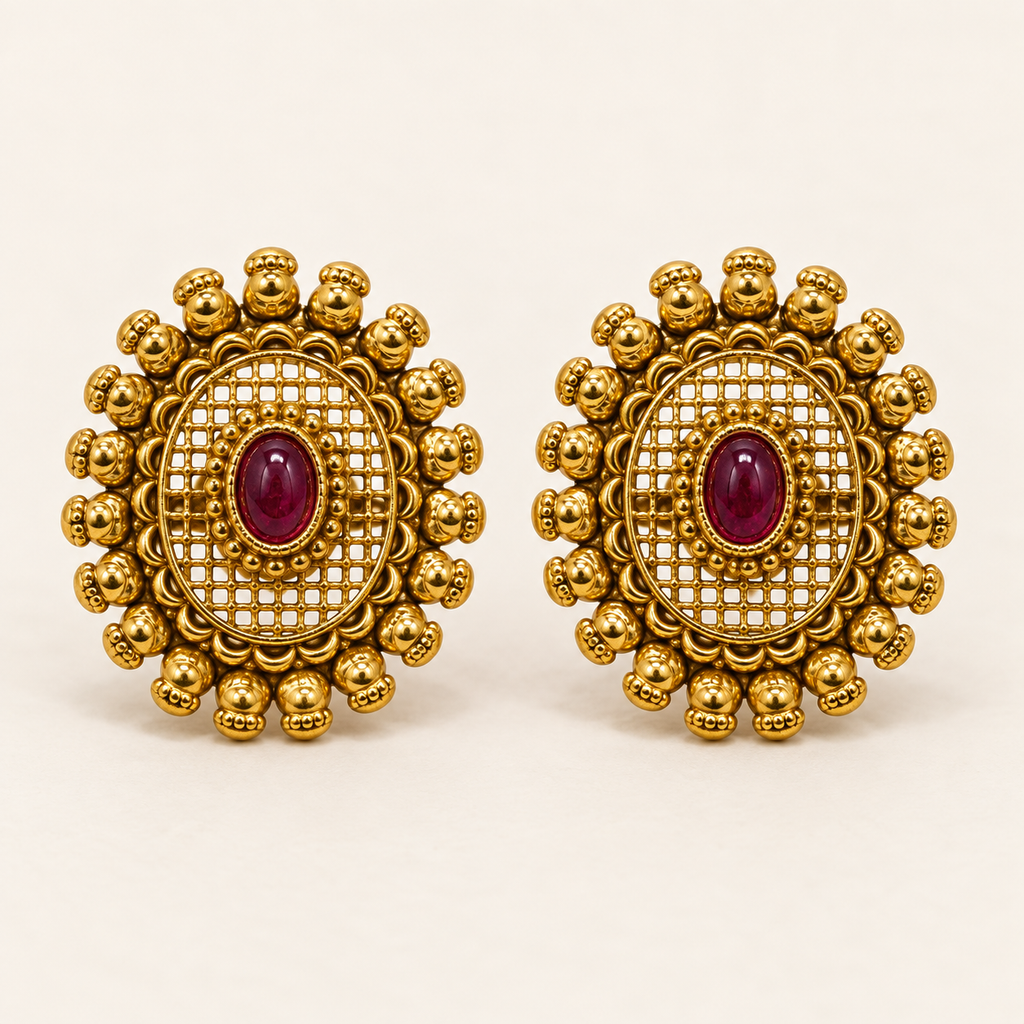 Antique Gold Lattice Dome Earrings - Pair Front Shot
