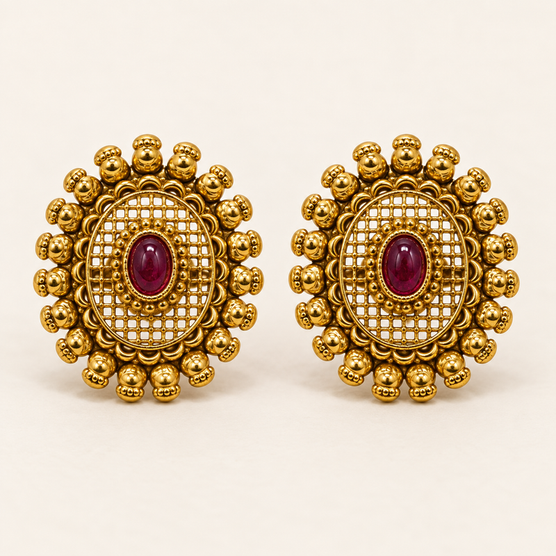 Antique Gold Lattice Dome Earrings - Pair Front Shot