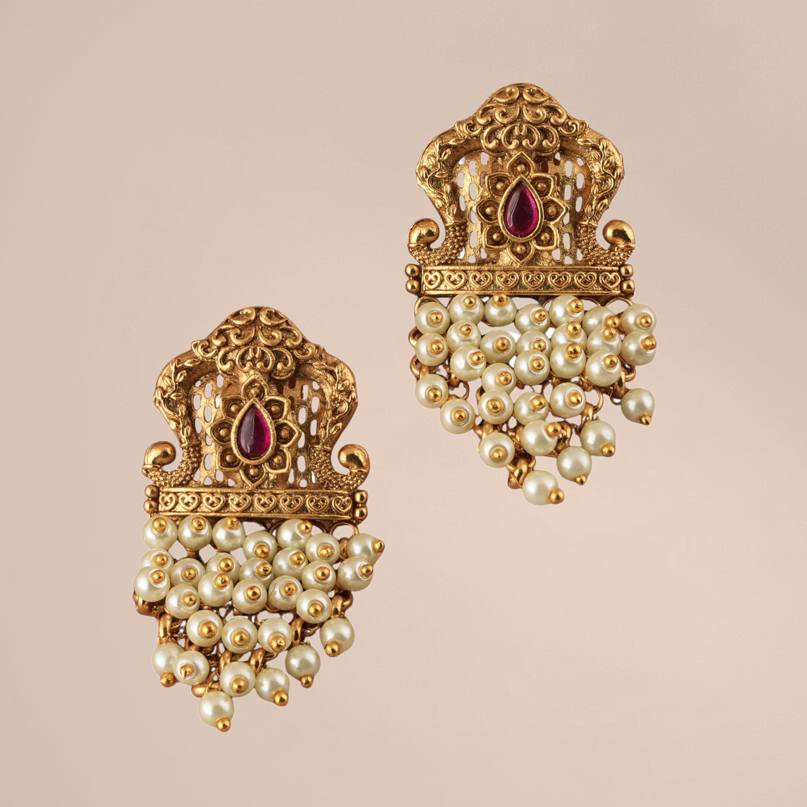 Handcrafted Pearl Drop Antique Gold Earrings