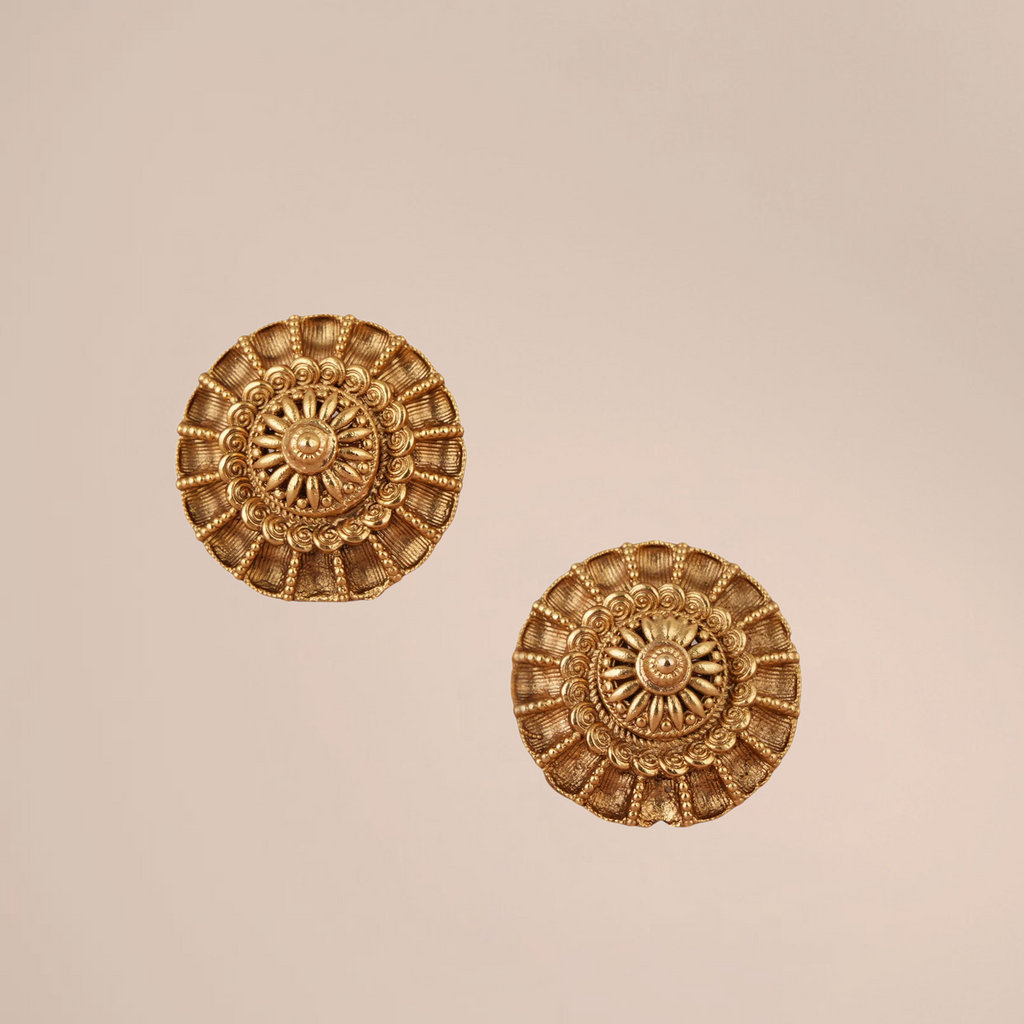 Handcrafted Antique Gold Floral Stud Earrings for Women