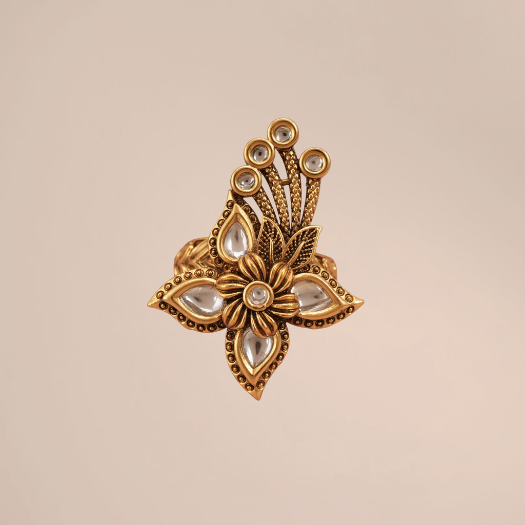 Elegant Antique Gold Kundan Adjustable Finger Ring