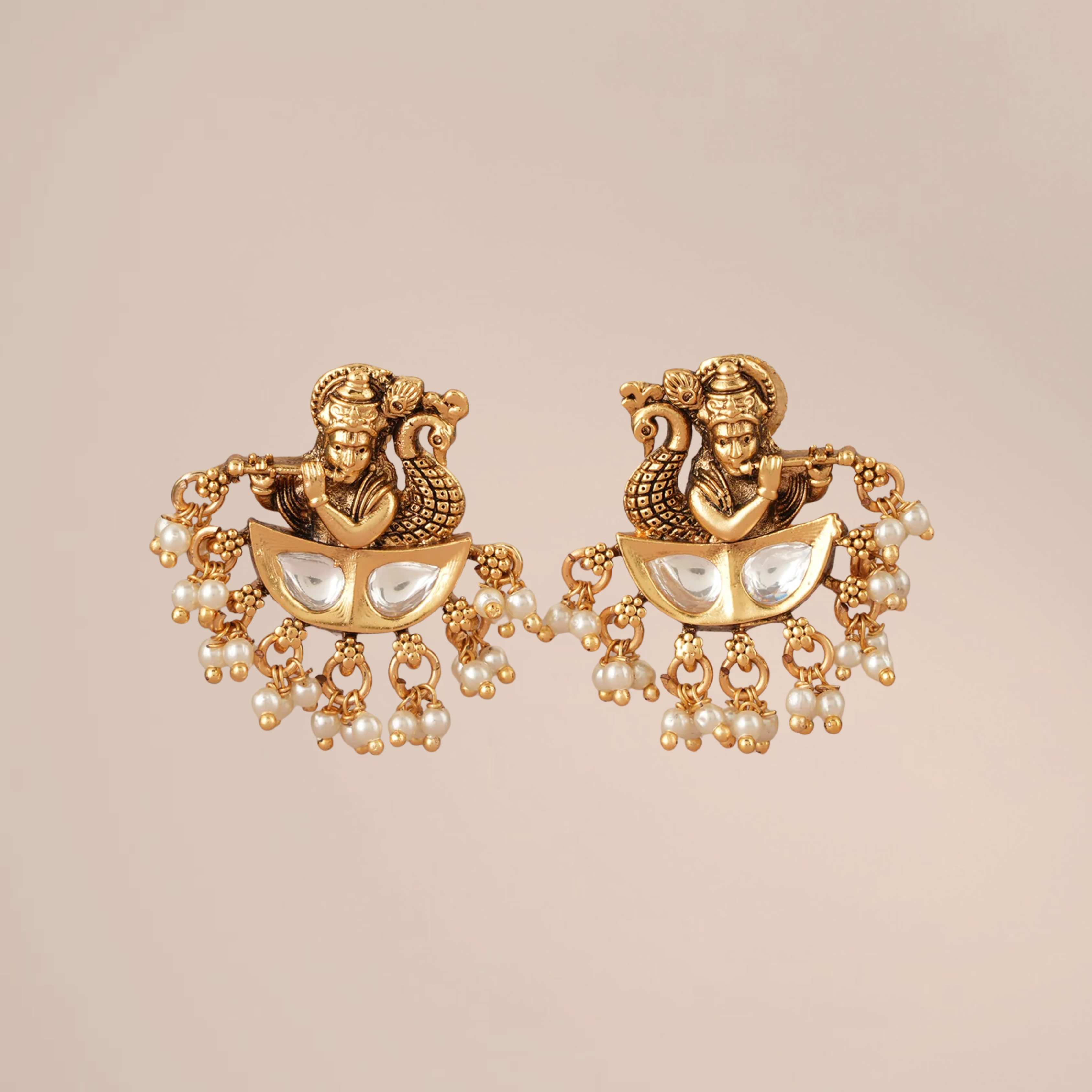 Antique Gold Kundan Lord Krishna Earrings