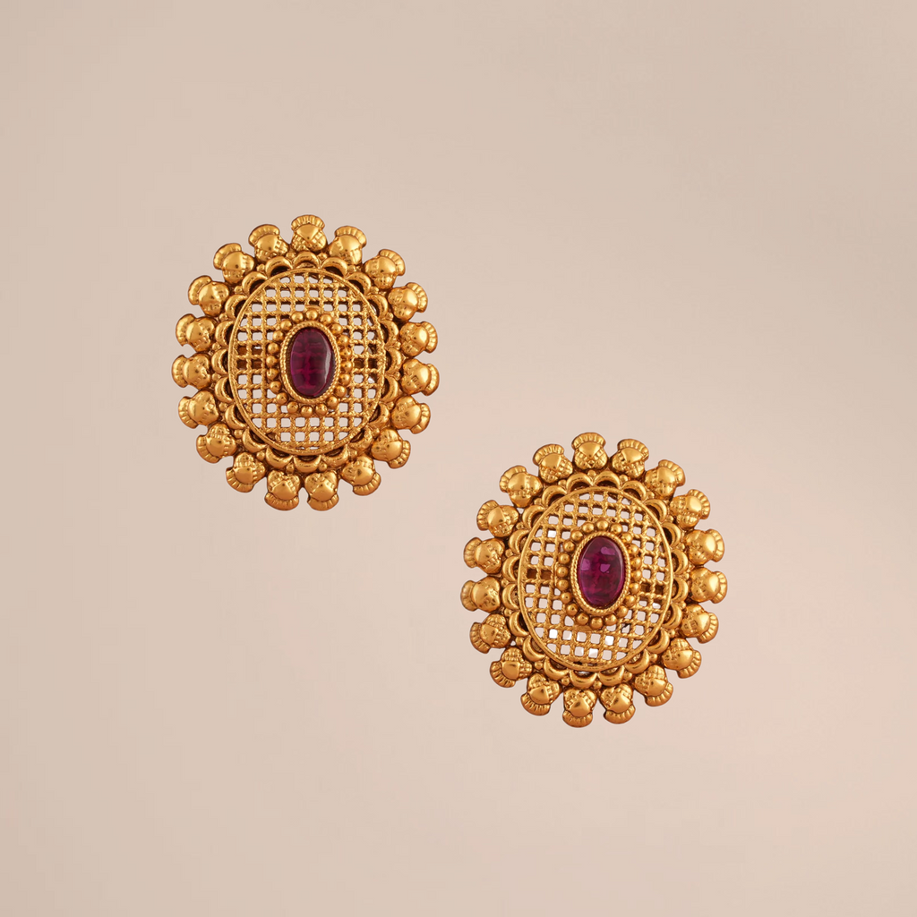 Antique Gold Ruby Oval Stud Earrings
