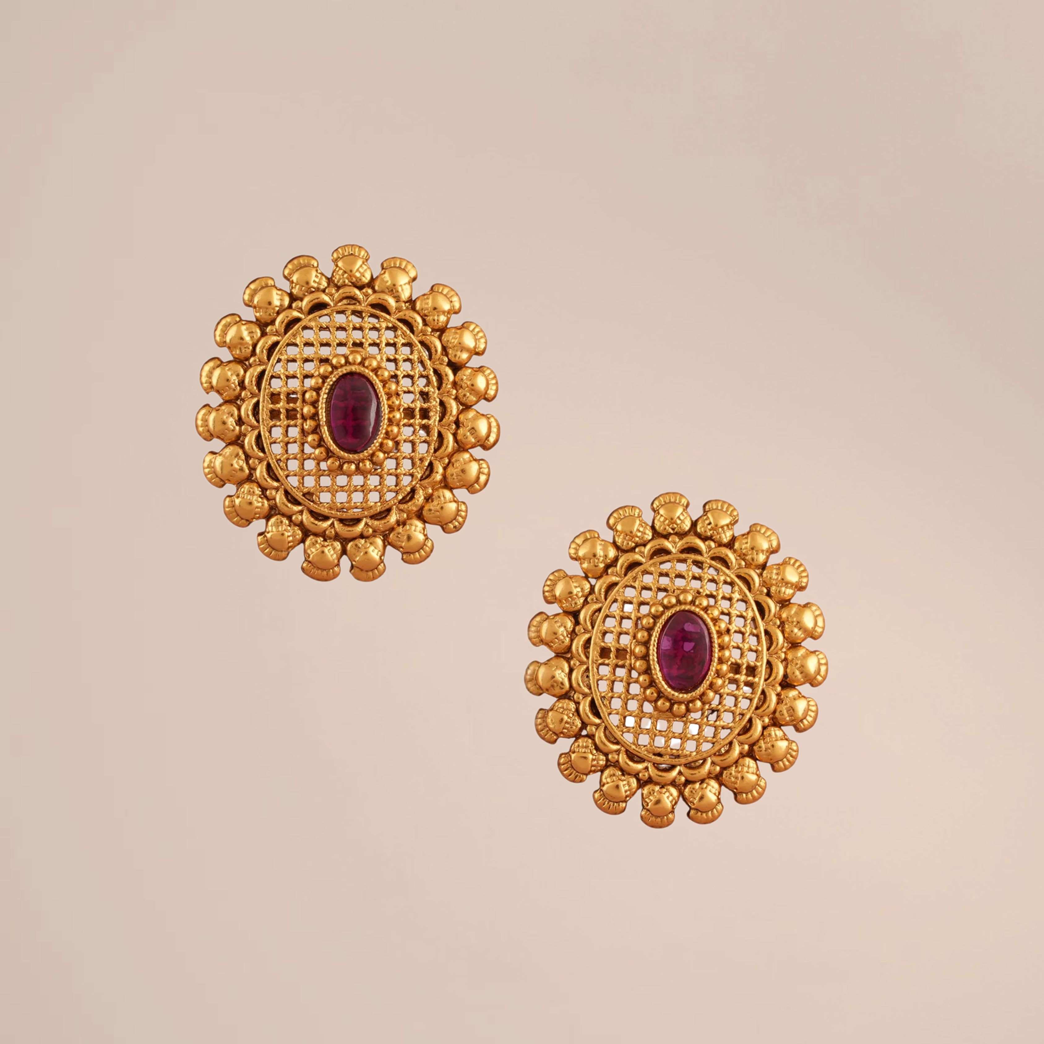 Antique Gold Ruby Oval Stud Earrings