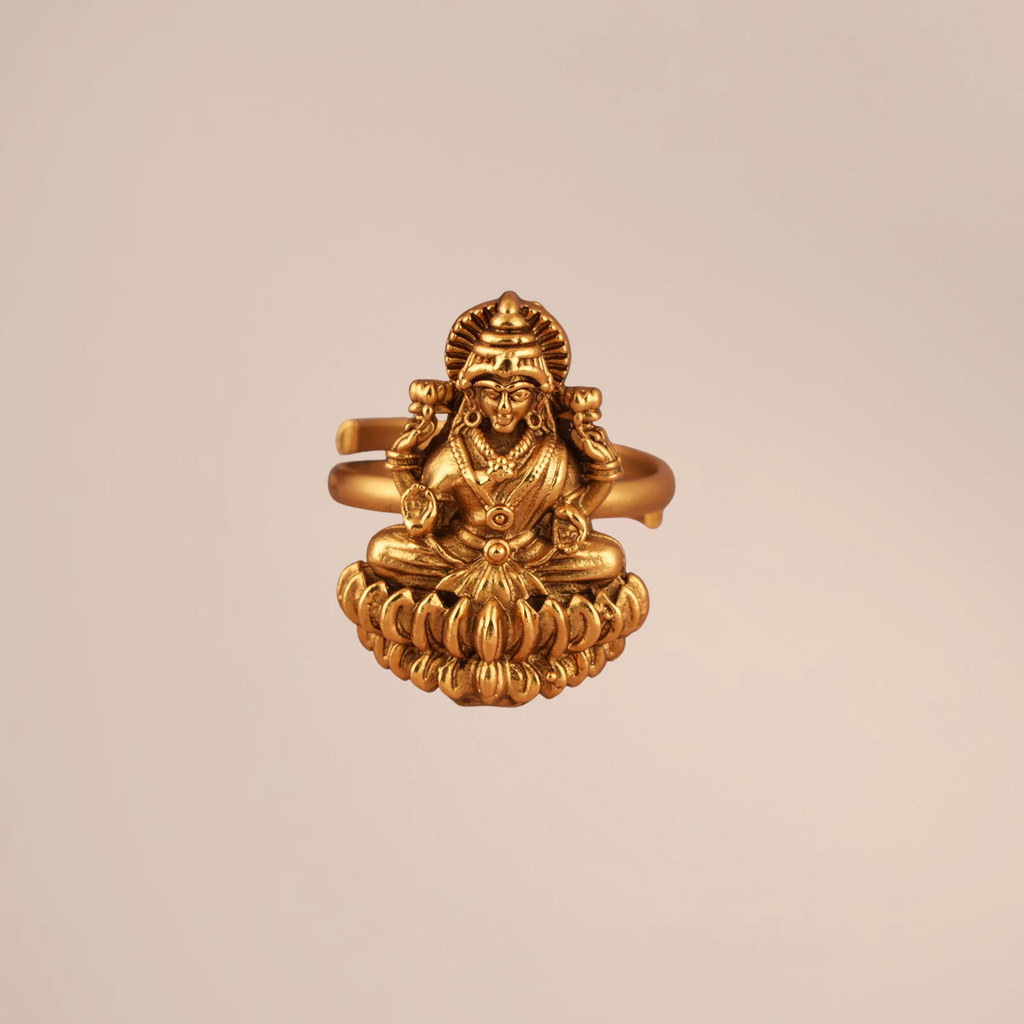 Antique Gold Maa Lakshmi Adjustable Finger Ring | Temple Jewellery