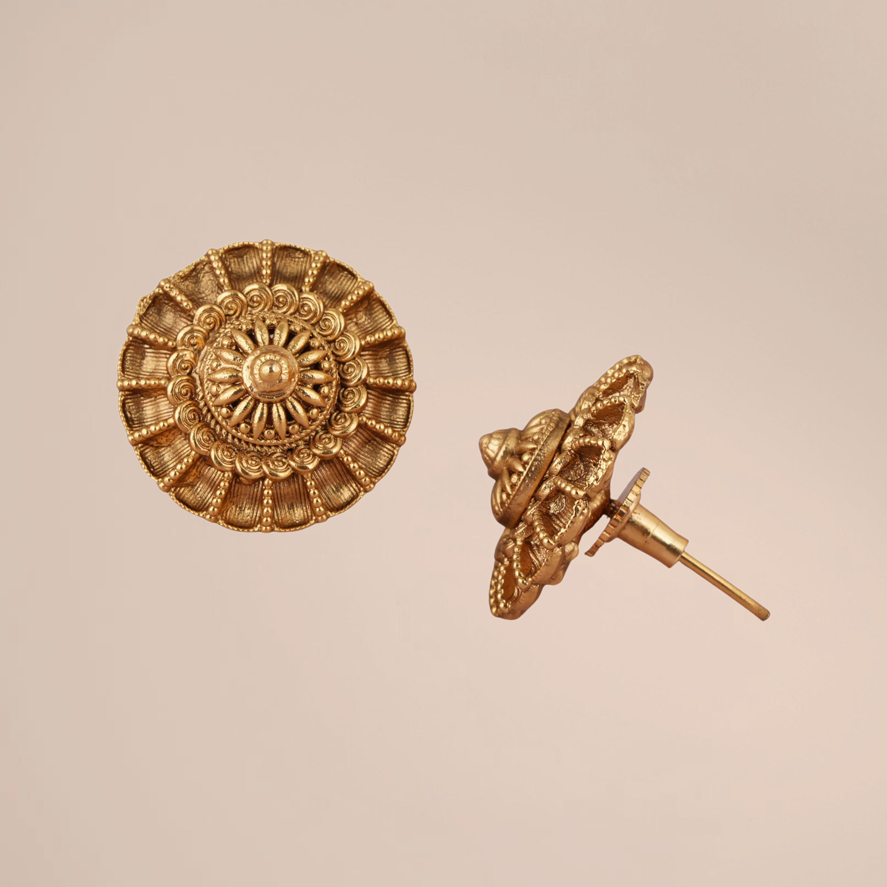 Handcrafted Antique Gold Floral Stud Earrings for Women