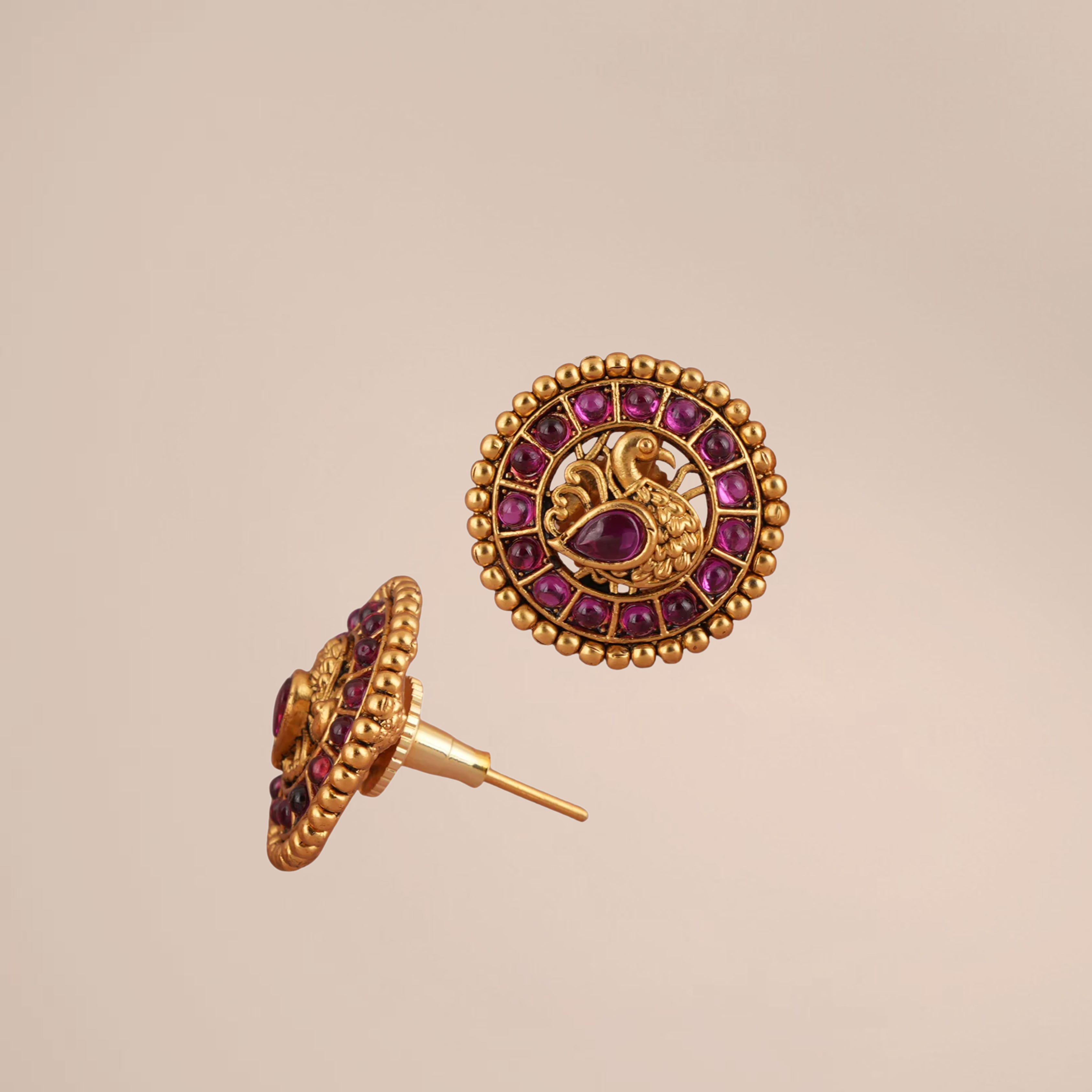 Ruby Peacock Gold Plated Stud Earrings