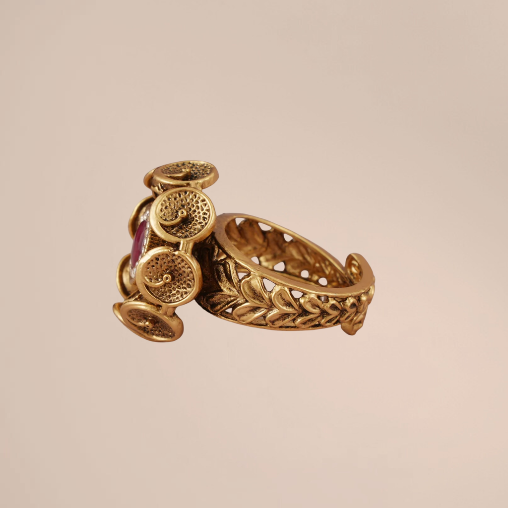 Radiant Antique Gold Ruby Stone Adjustable Finger Ring