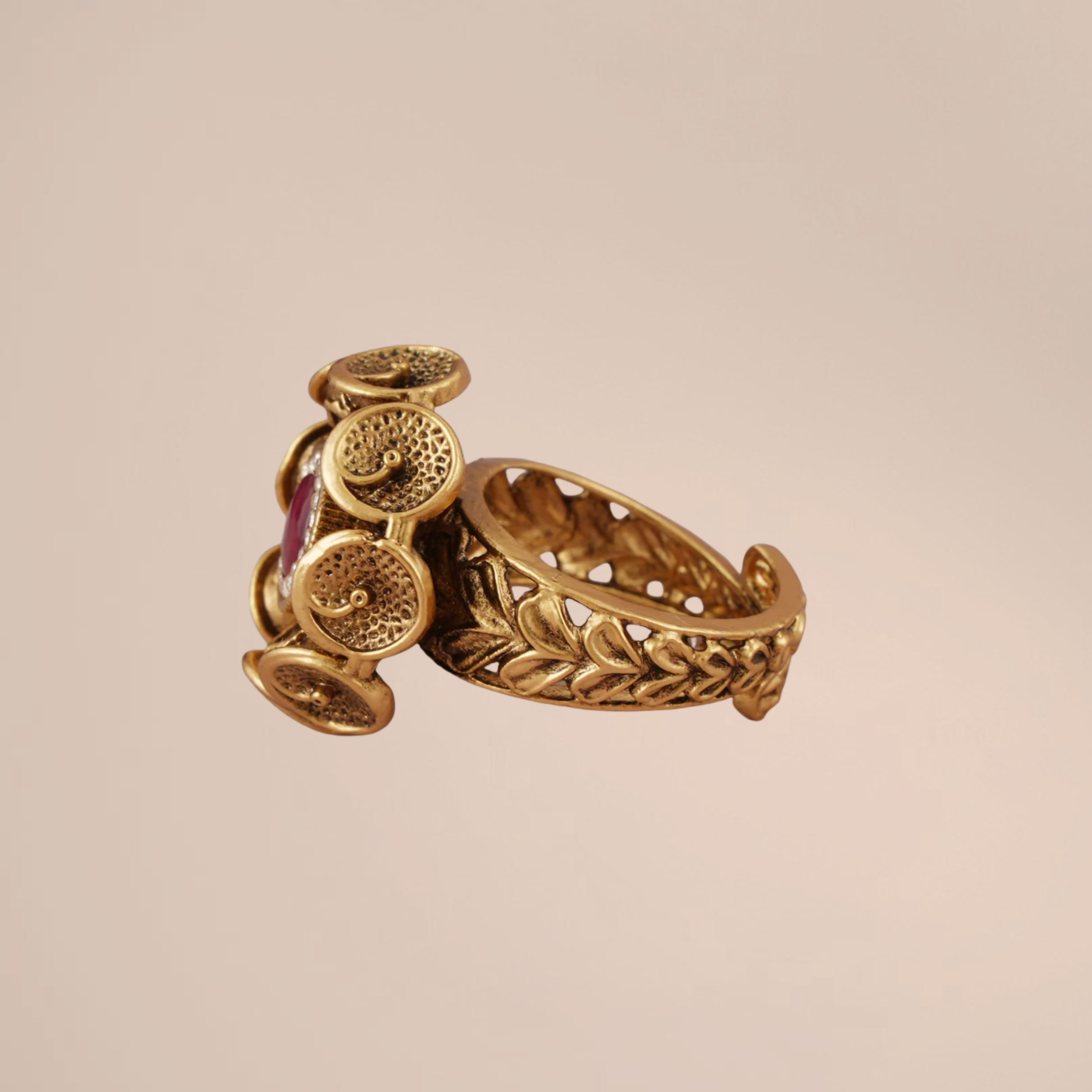 Radiant Antique Gold Ruby Stone Adjustable Finger Ring
