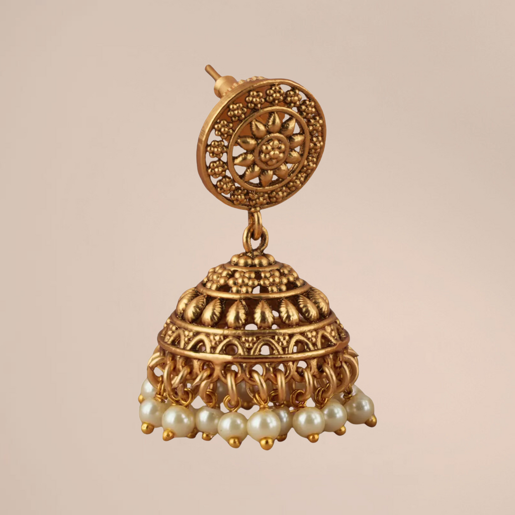 Cute plain gold plated pearl drop jhumka earring