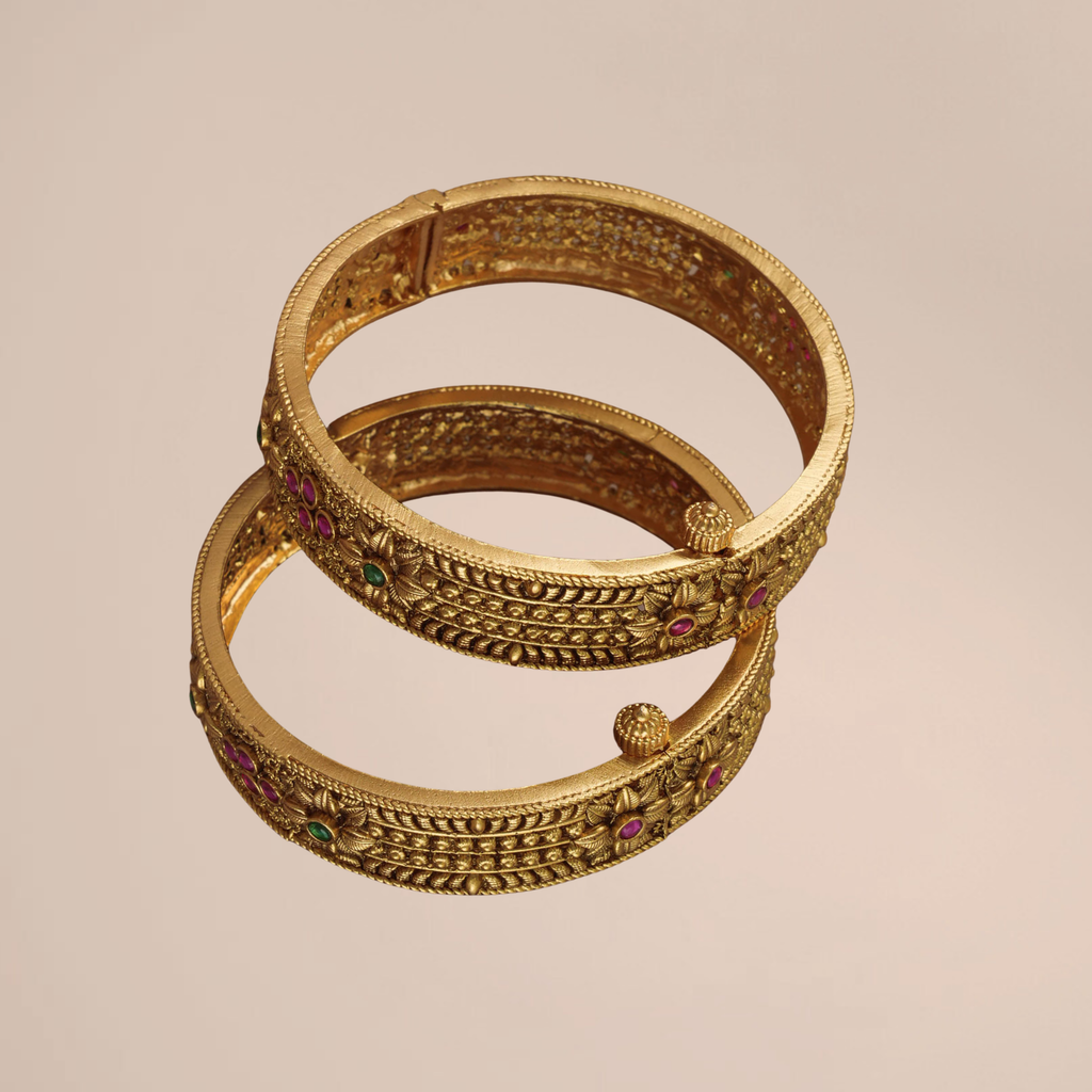 Royal Antique Gold Multicolor Stone Openable Bangle Set