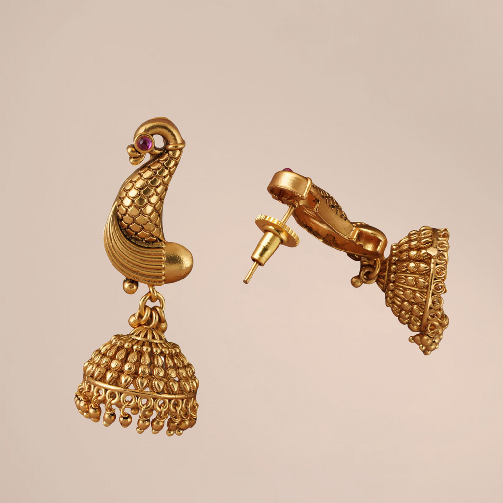 Antique Gold Peacock Jhumka Earrings