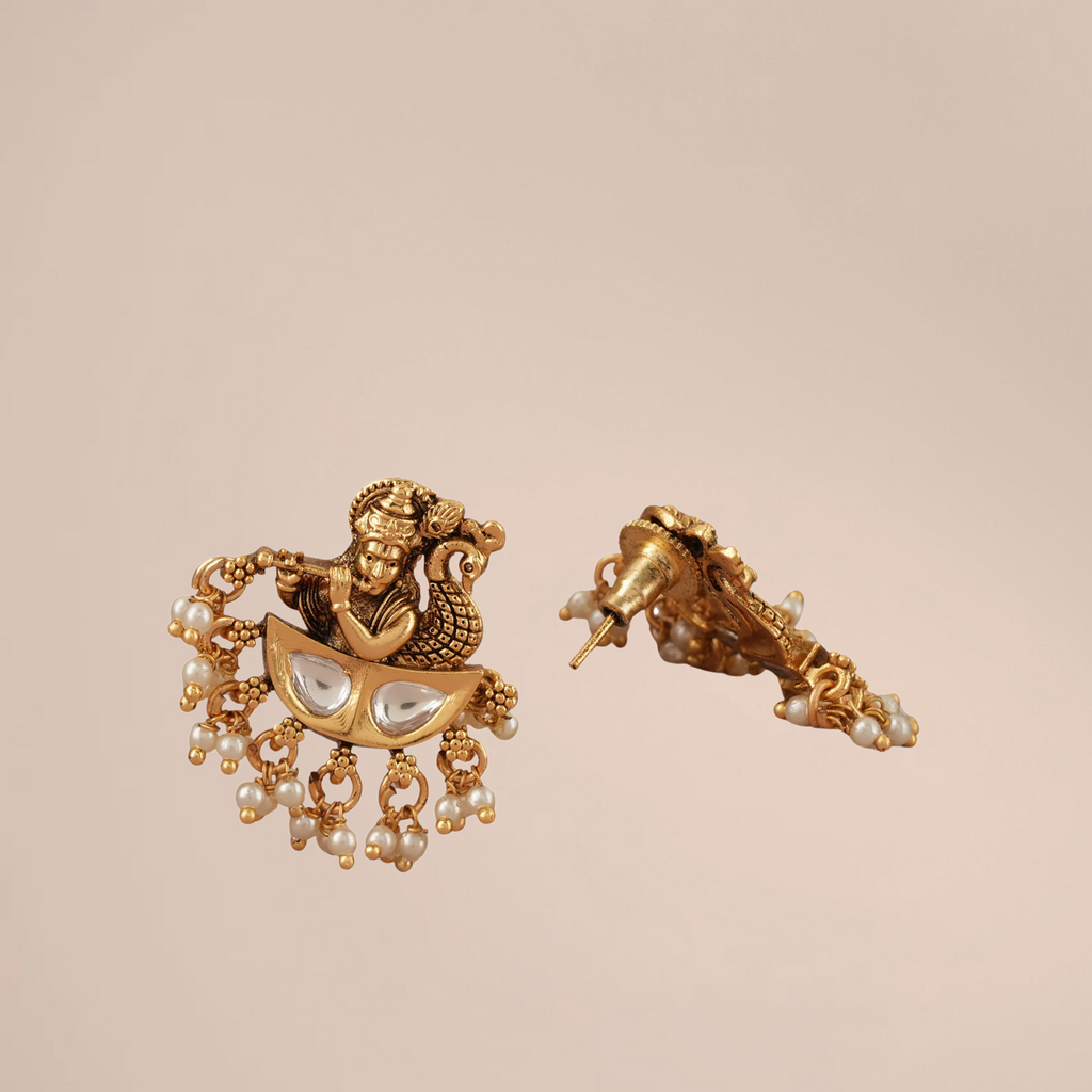 Antique Gold Kundan Lord Krishna Earrings