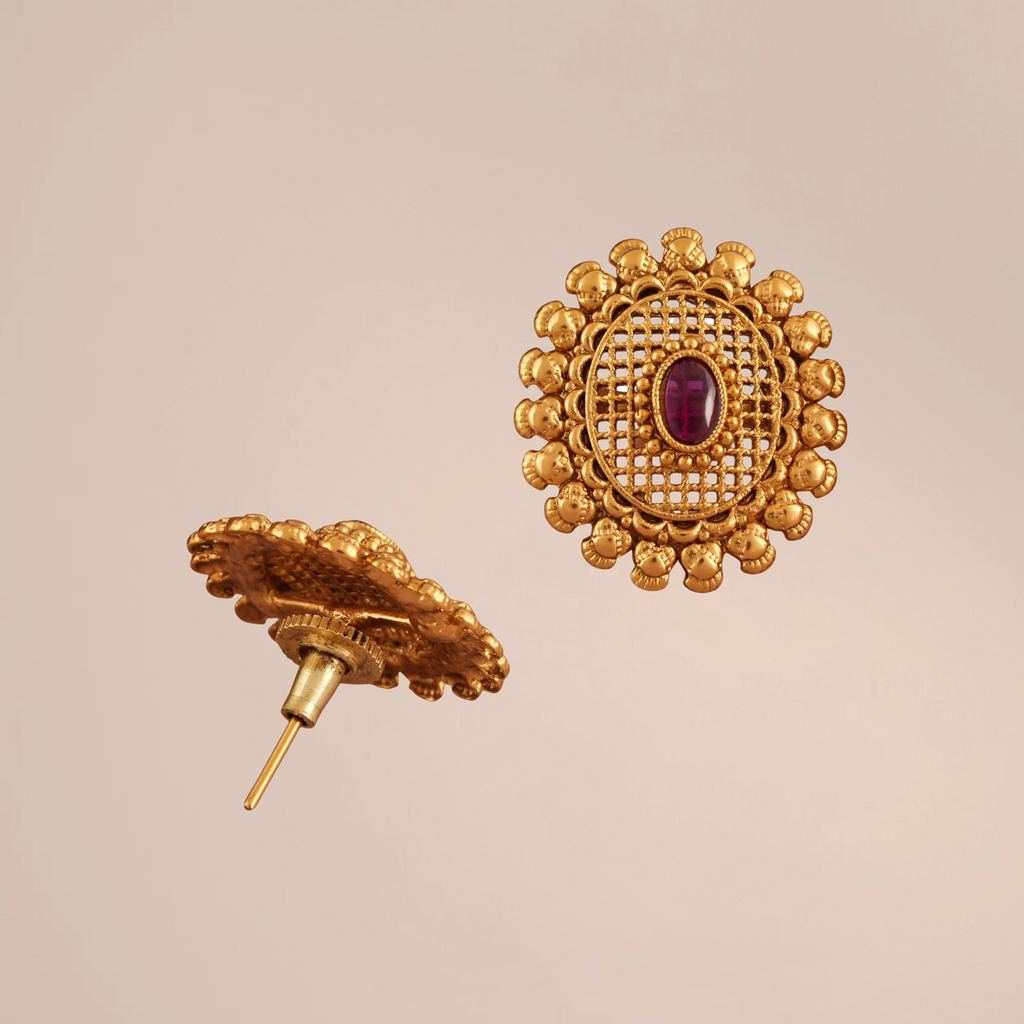 Antique Gold Ruby Oval Stud Earrings