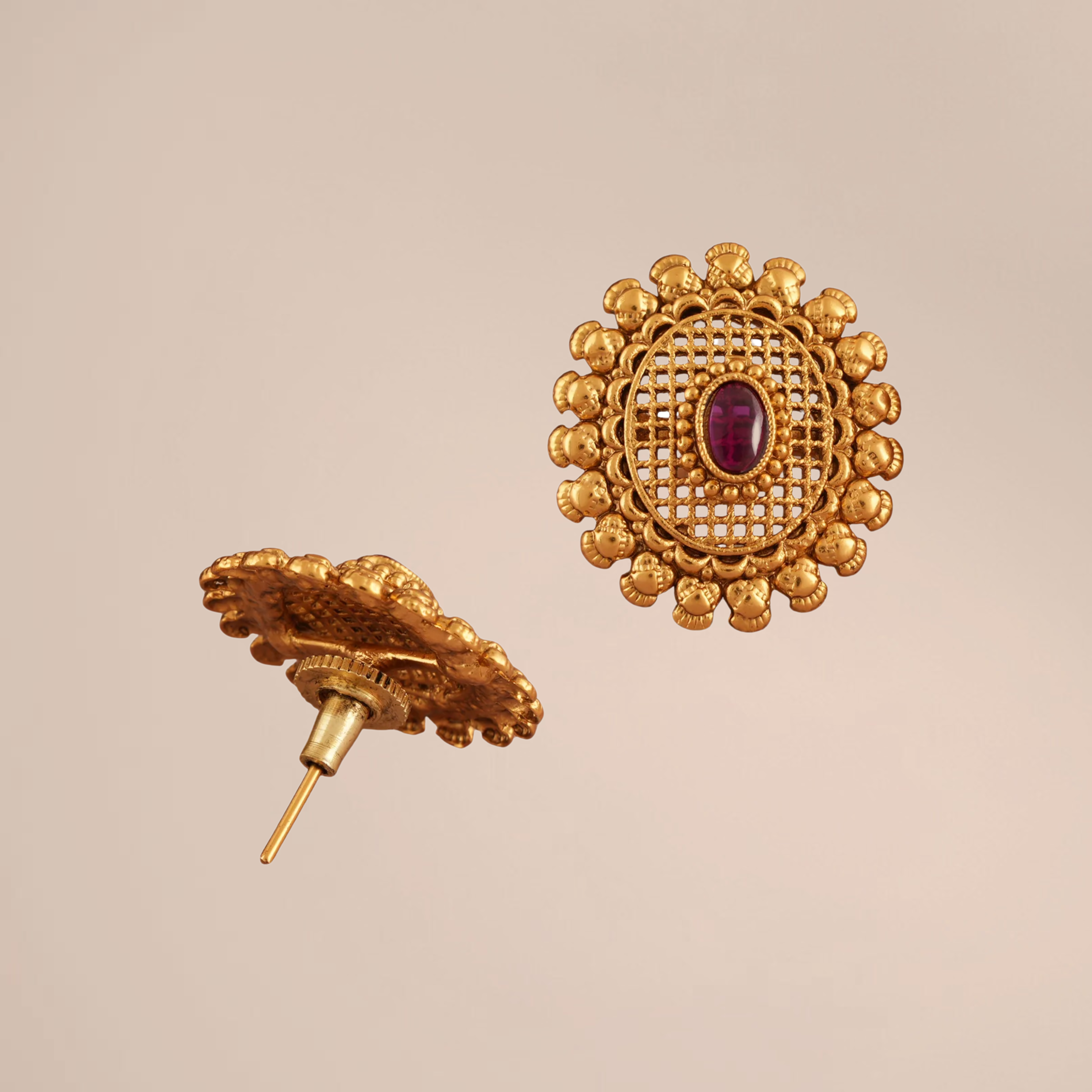 Antique Gold Ruby Oval Stud Earrings