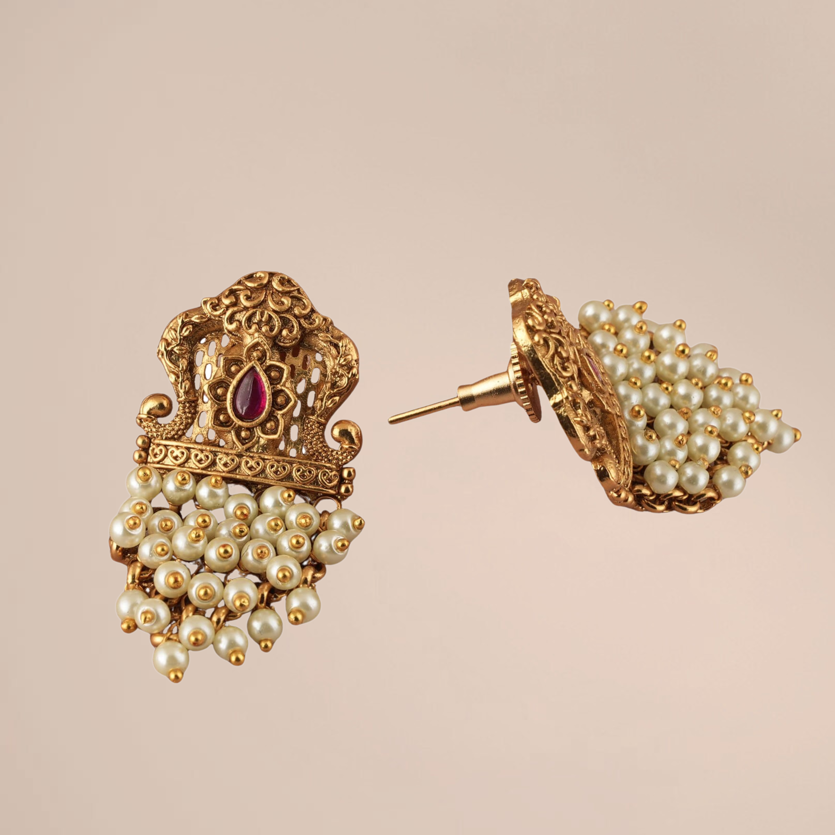 Handcrafted Pearl Drop Antique Gold Earrings