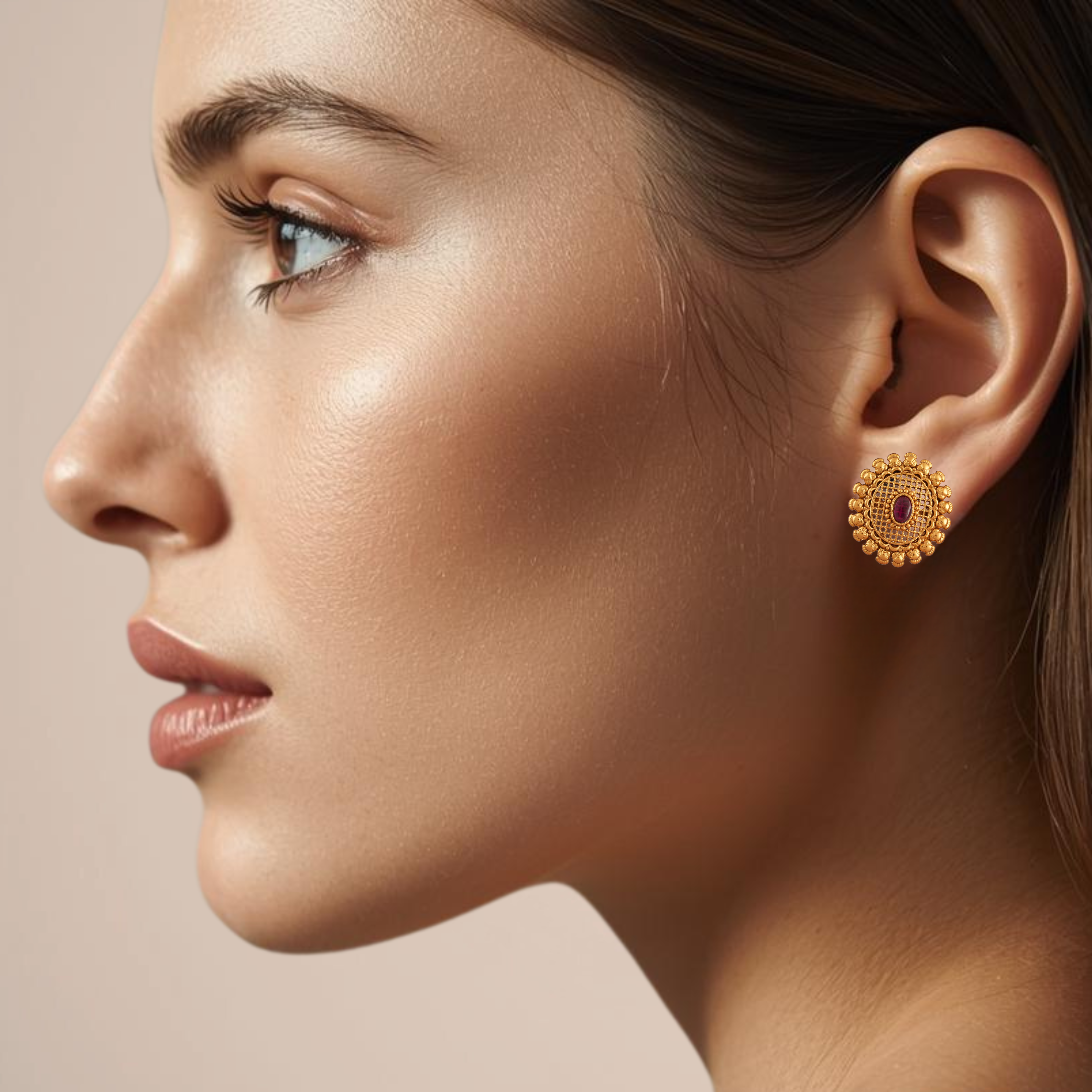 Antique Gold Ruby Oval Stud Earrings