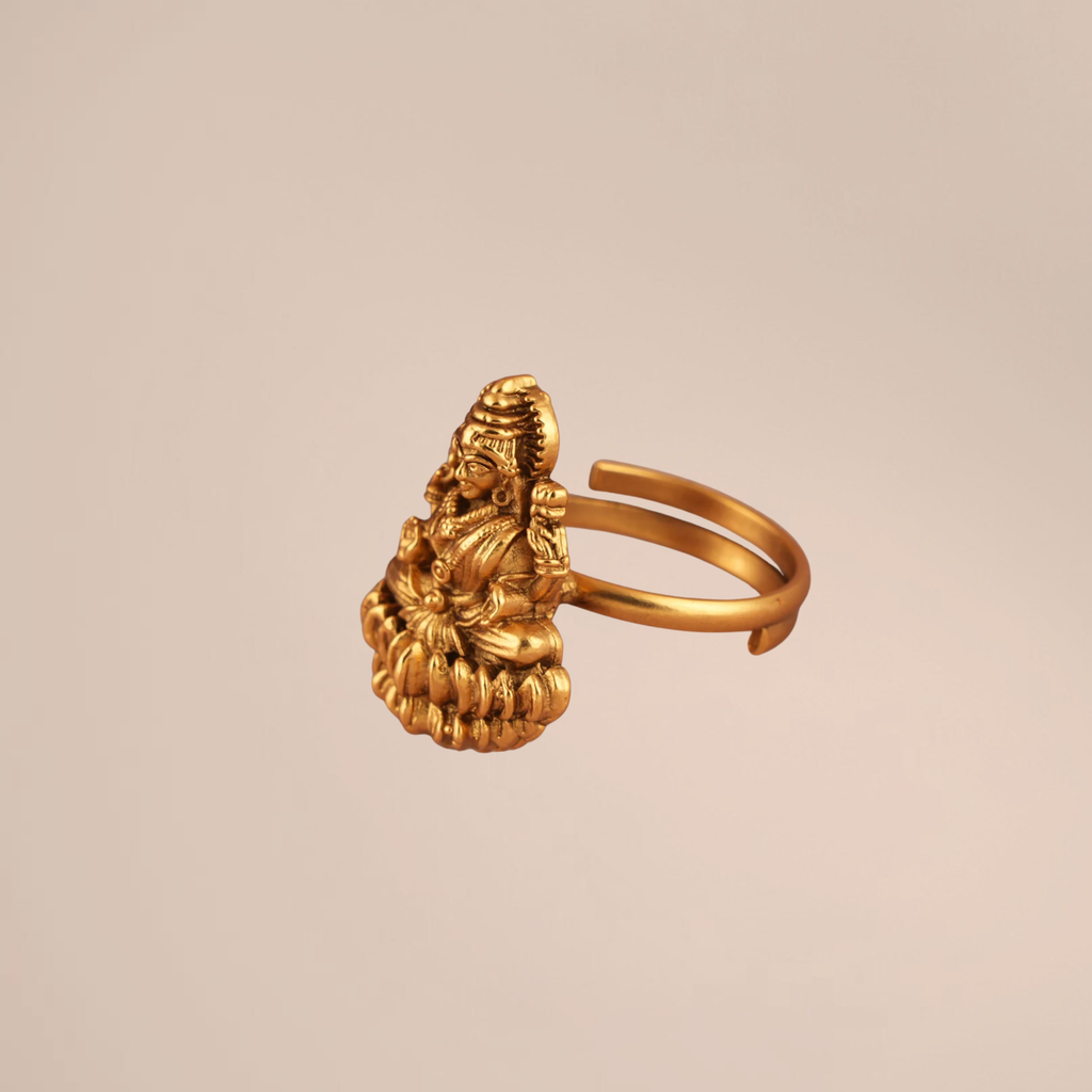 Antique Gold Maa Lakshmi Adjustable Finger Ring | Temple Jewellery