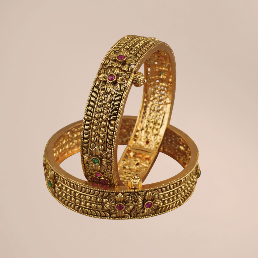 Royal Antique Gold Multicolor Stone Openable Bangle Set