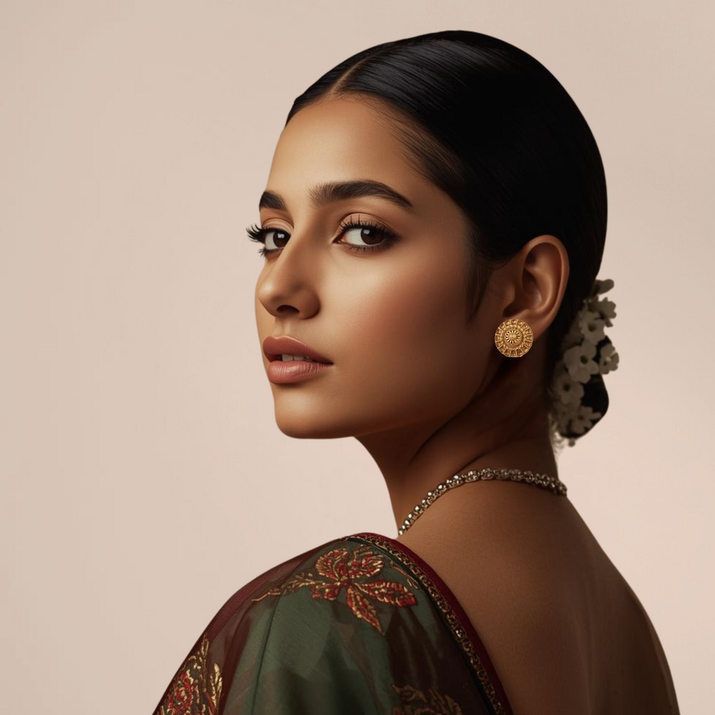 Handcrafted Antique Gold Floral Stud Earrings for Women