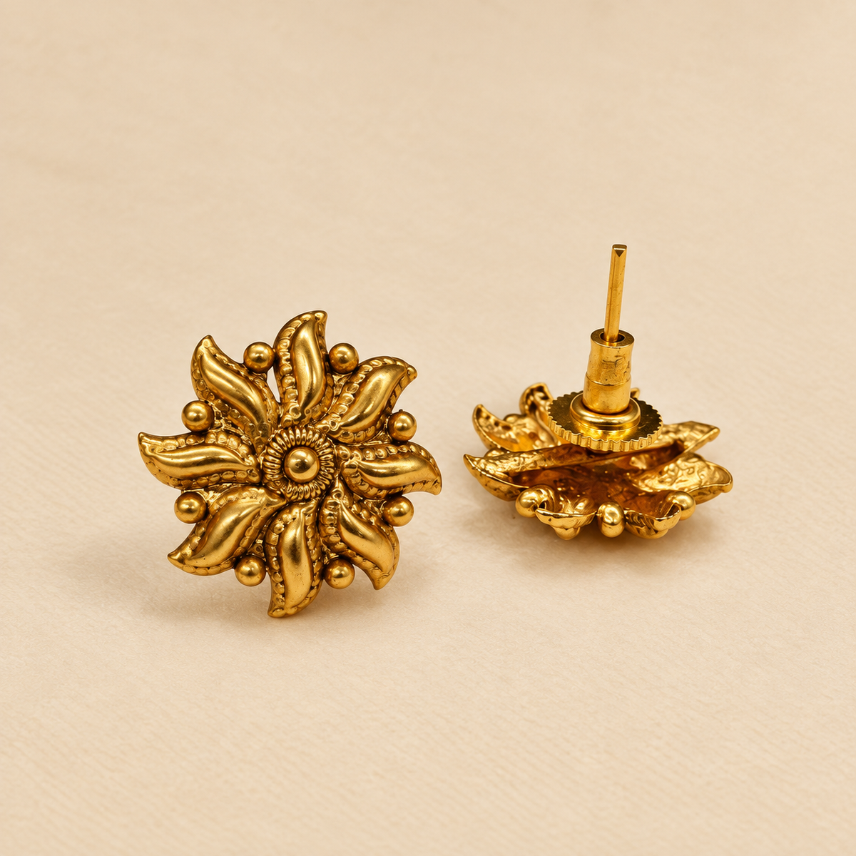 Antique gold leaf petal stud earrings product shot