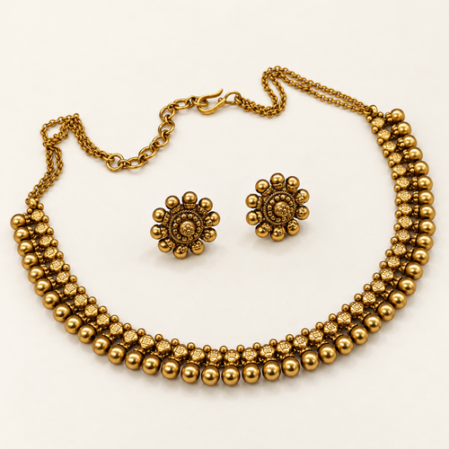 Antique Gold Bead Choker Necklace Set - Detail Shot