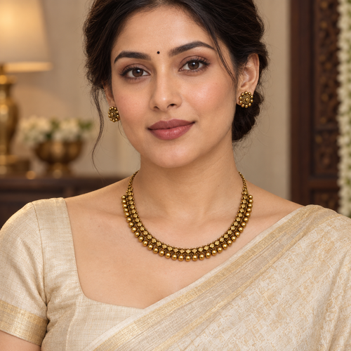 Antique Gold Bead Choker Necklace Set - Model Wearing