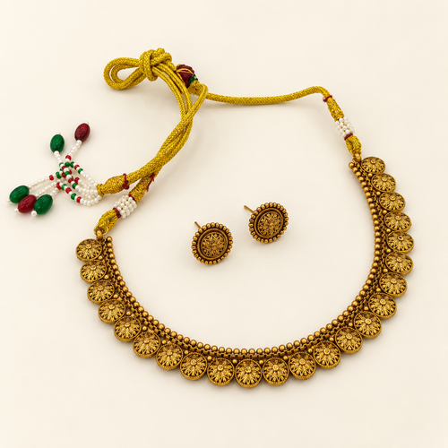Antique Gold Coin Disc Necklace Set - Detail Shot