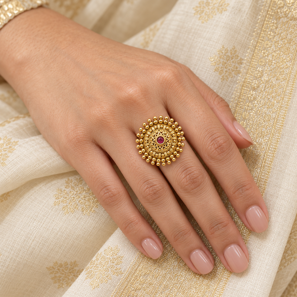 Antique Gold Sunburst Ring - Model Wearing