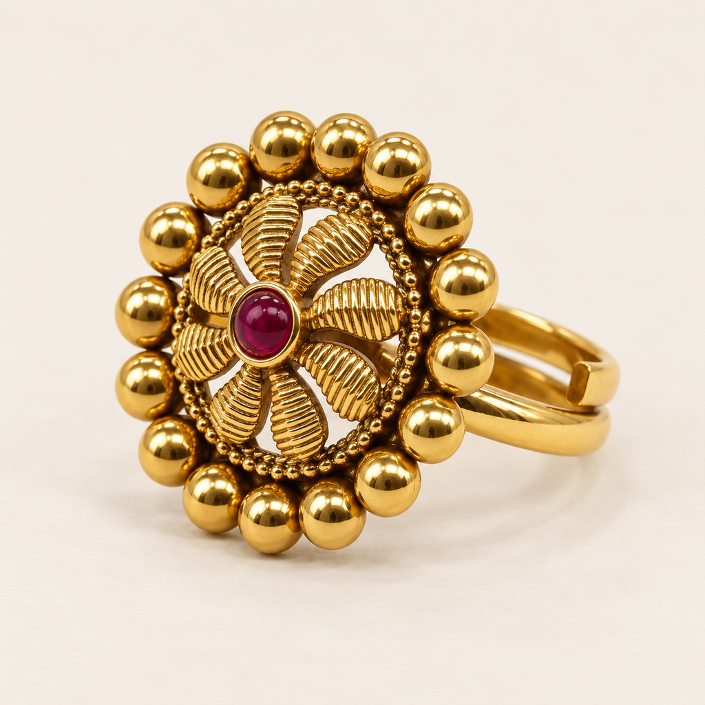 Antique Gold Pinwheel Petal Ring - Side Angle Shot