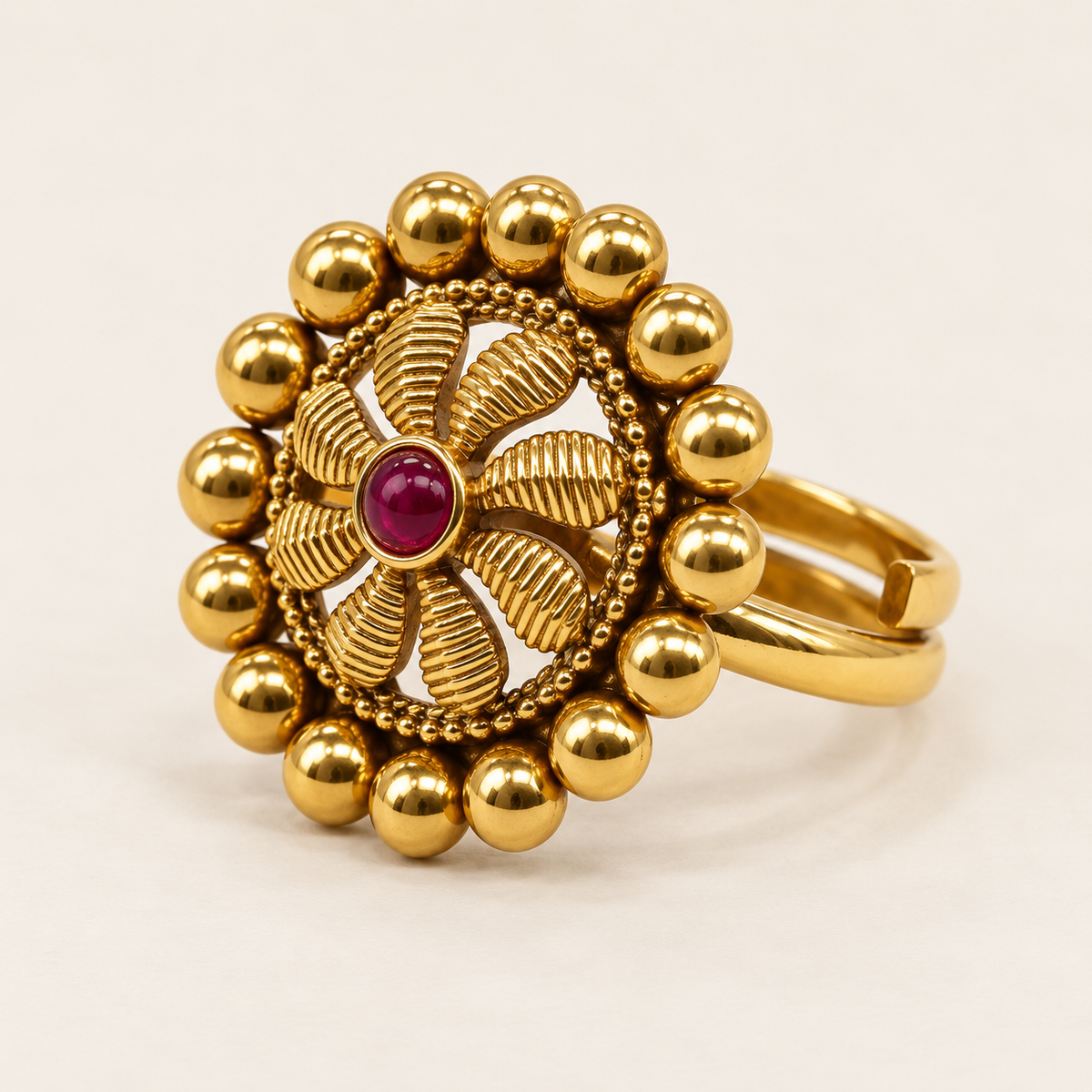 Antique Gold Pinwheel Petal Ring - Side Angle Shot