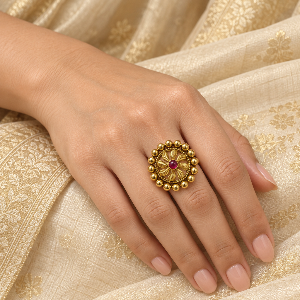 Antique Gold Pinwheel Petal Ring - Model Wearing