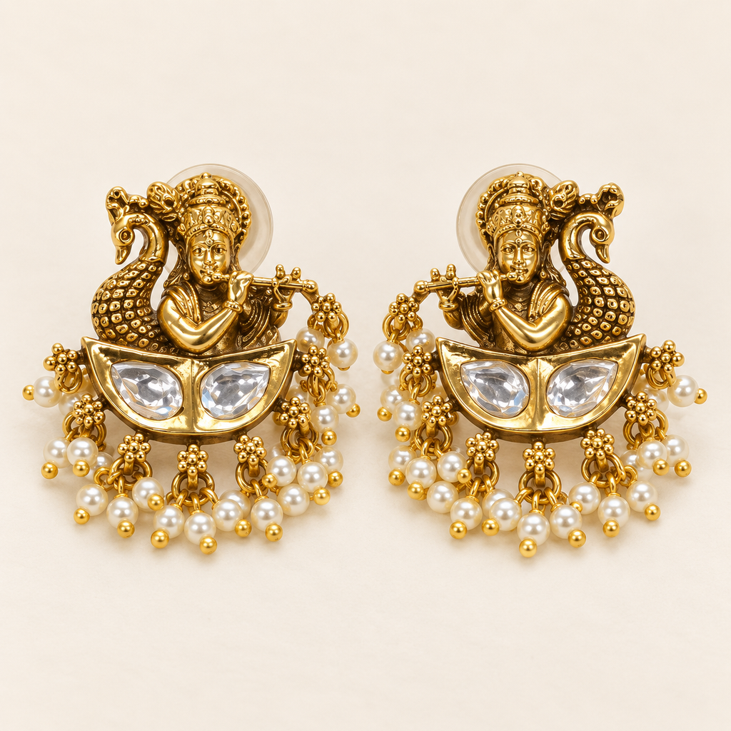 Antique Gold Krishna Earrings - Pair Front Shot