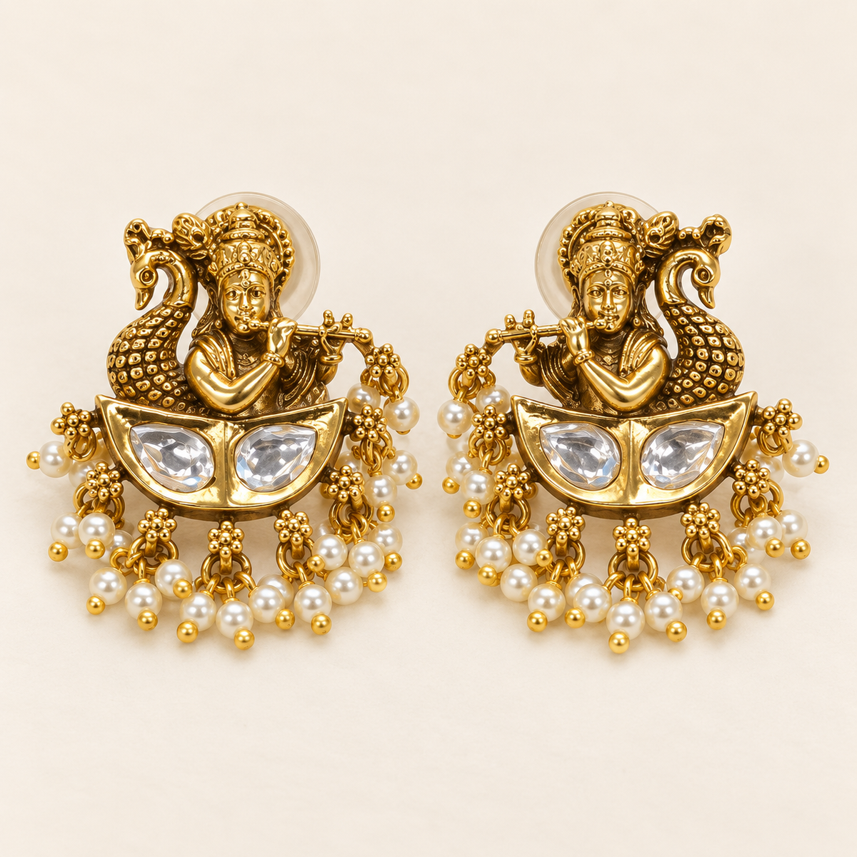Antique Gold Krishna Earrings - Pair Front Shot