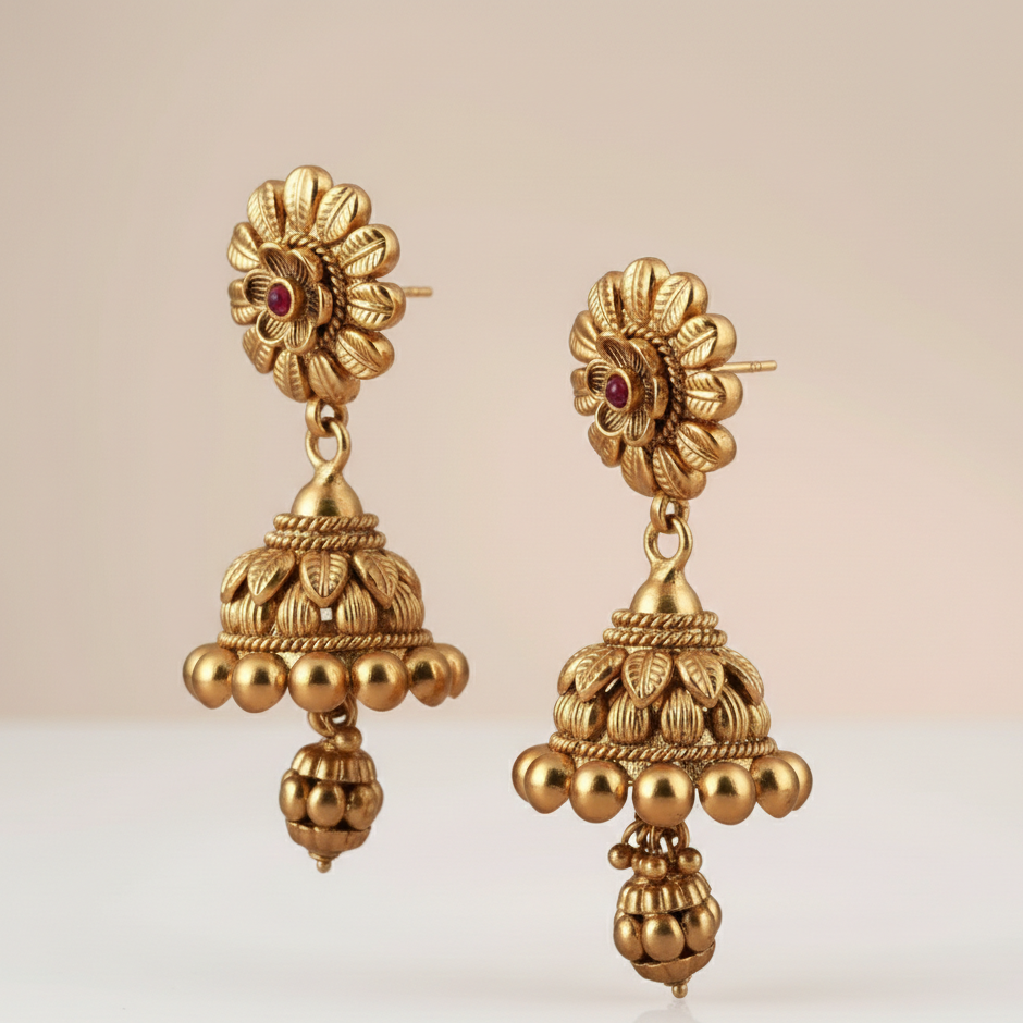Long Antique Gold Plated Jhumka Earrings for Women