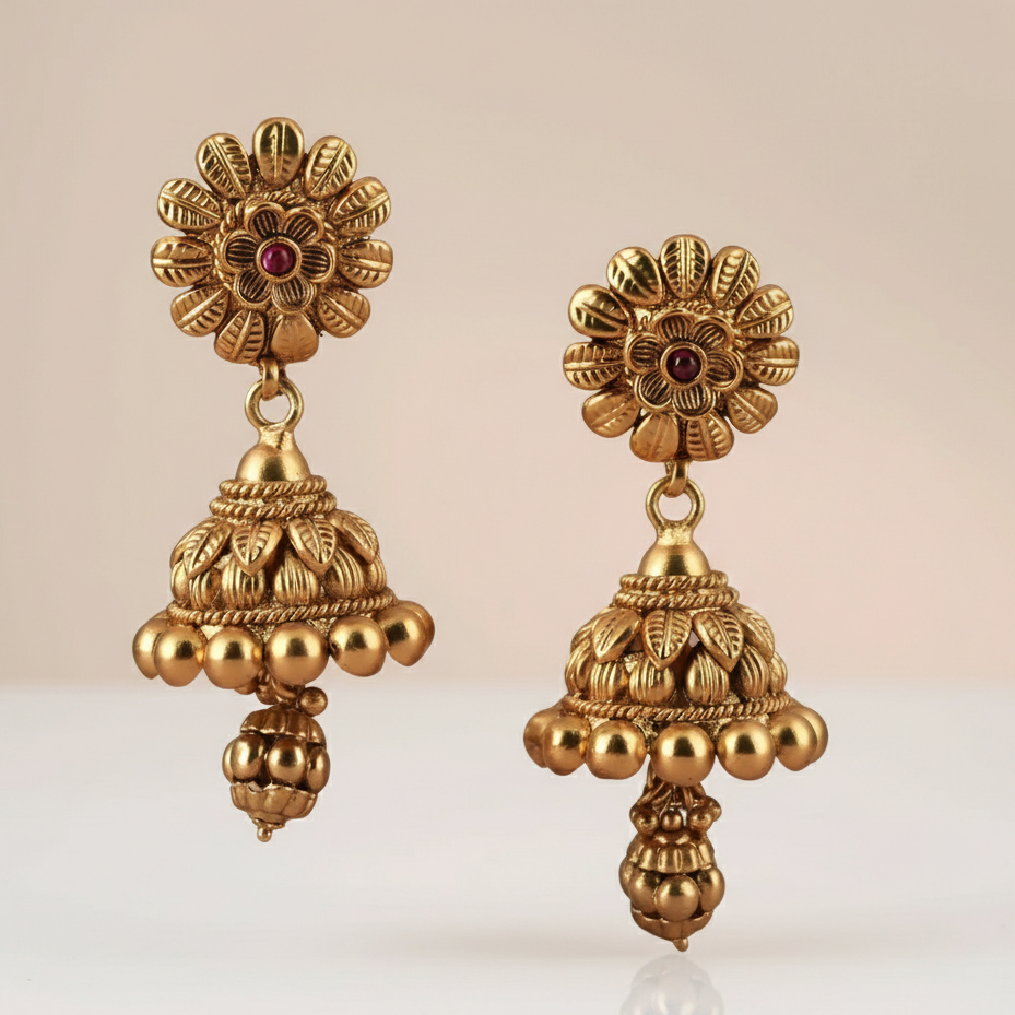 Long Antique Gold Plated Jhumka Earrings for Women