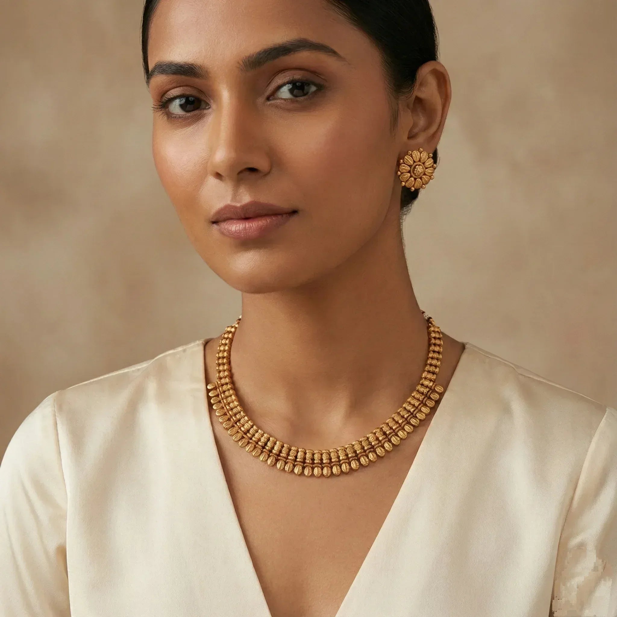 Elegant Plain Antique Gold Necklace Set for Women - bina jewels