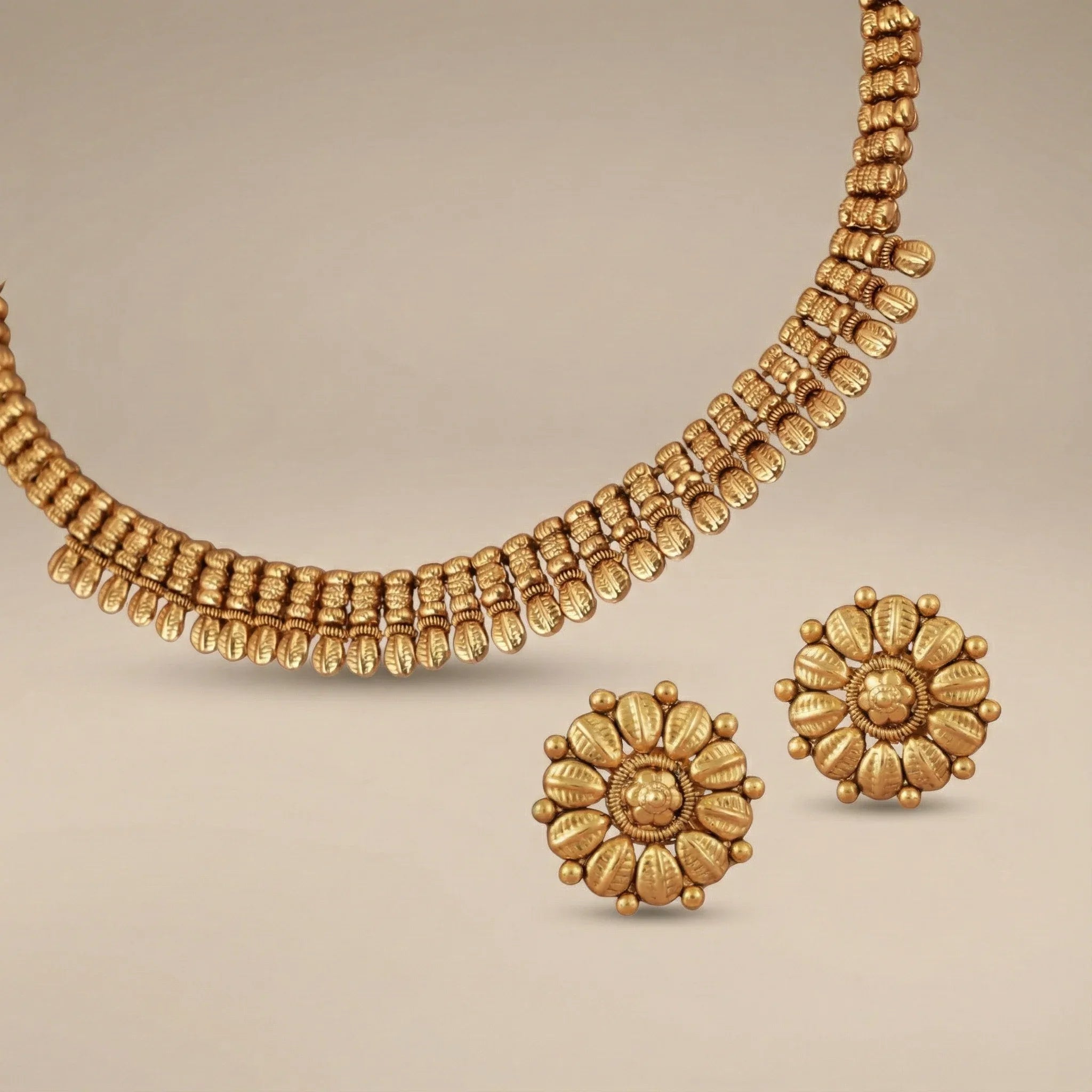 Elegant Plain Antique Gold Necklace Set for Women - bina jewels