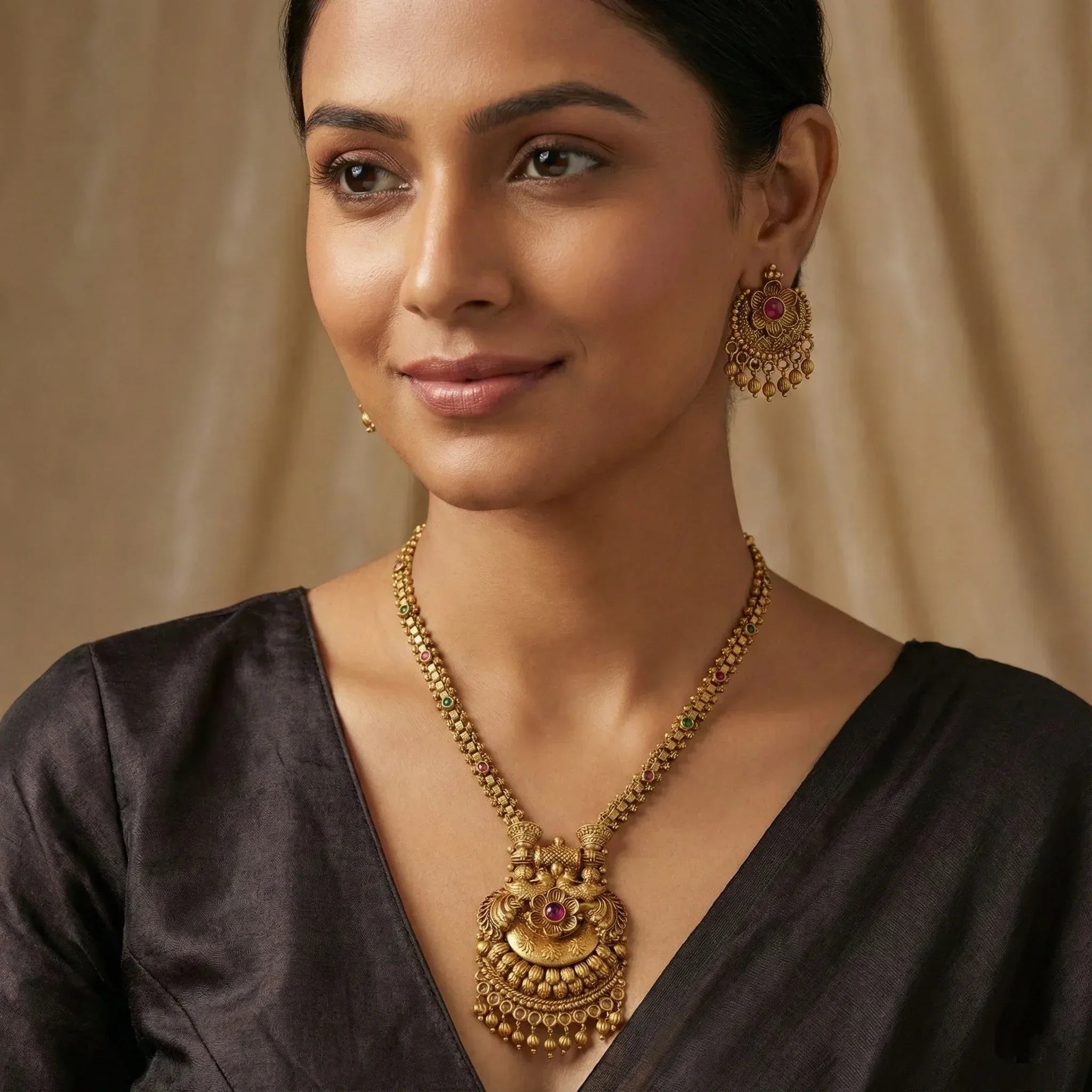 Graceful Antique Gold Long Stone Pendant Set - bina jewels