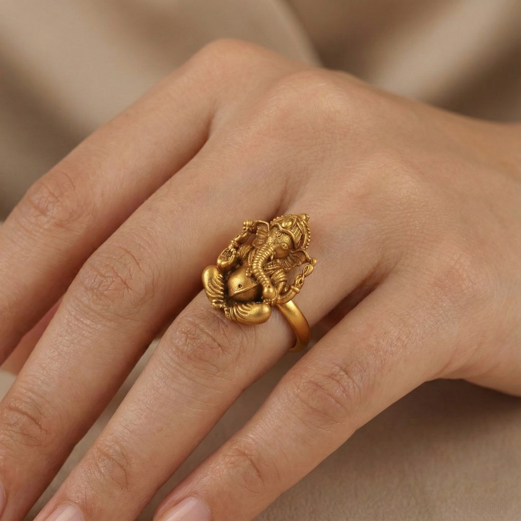 Antique Gold Lord Ganesh Adjustable Finger Ring | Temple Jewellery