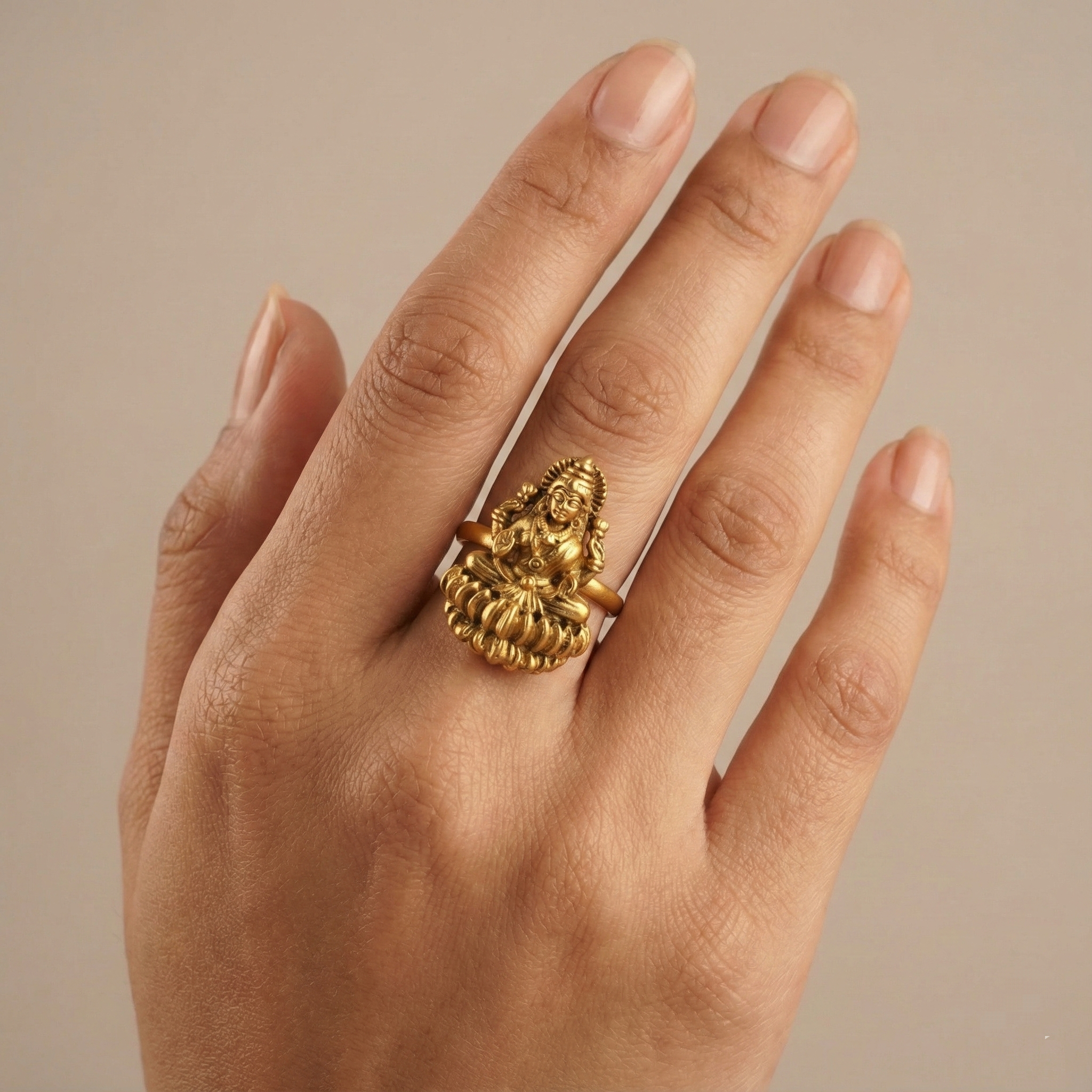 Antique Gold Maa Lakshmi Adjustable Finger Ring | Temple Jewellery
