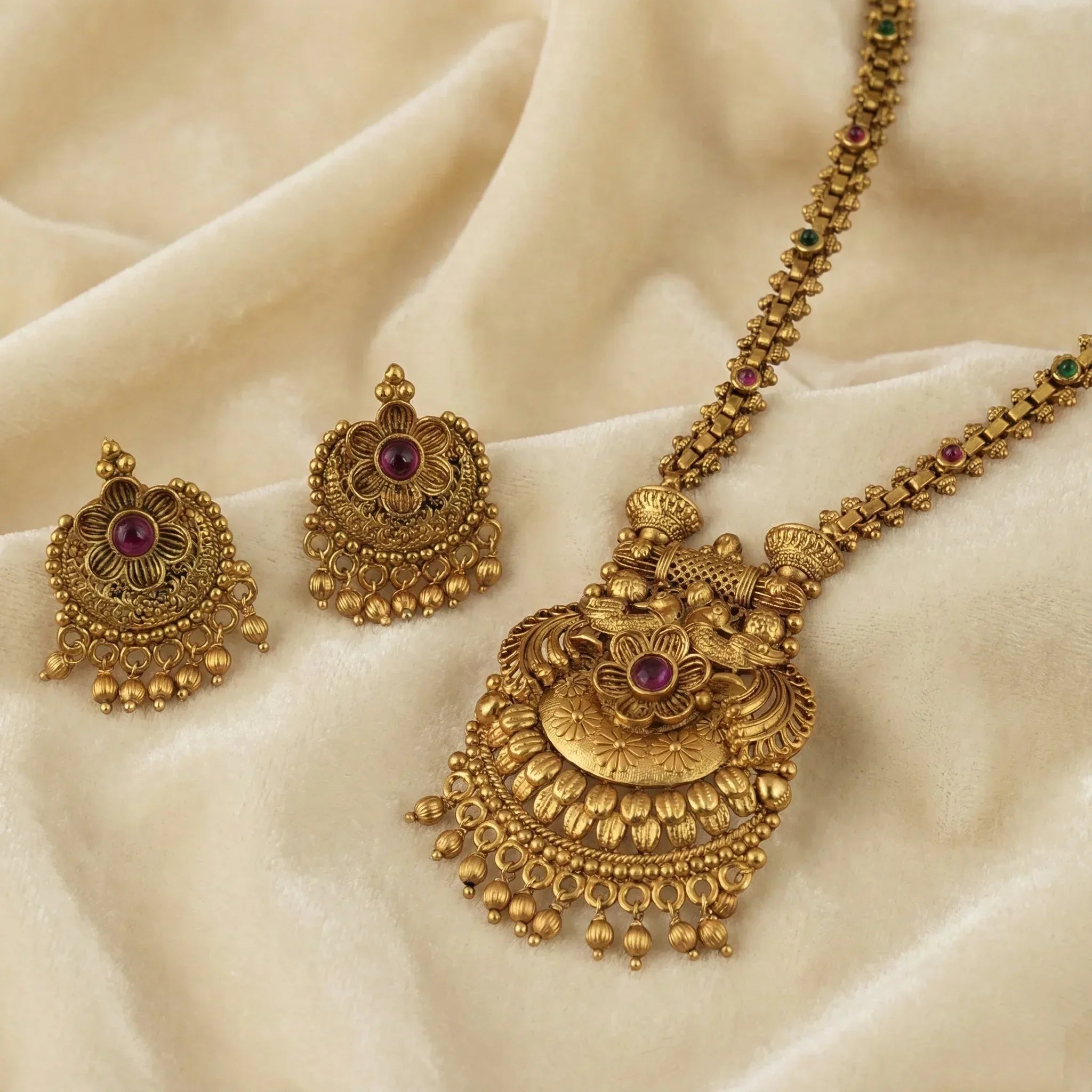 Graceful Antique Gold Long Stone Pendant Set - bina jewels