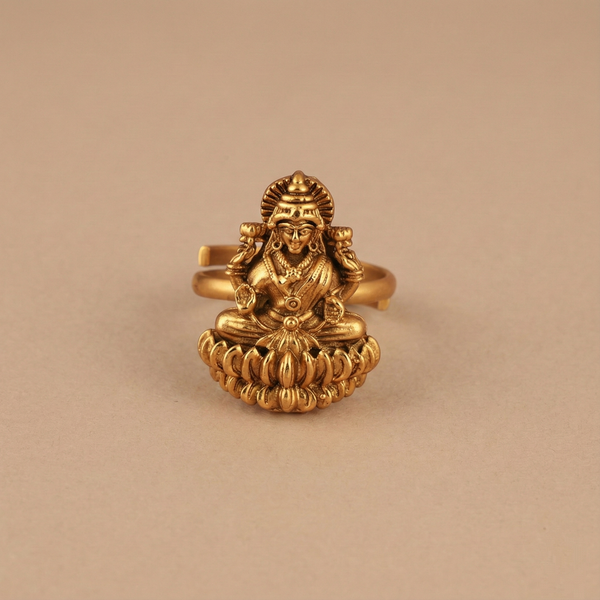 Antique Gold Maa Lakshmi Adjustable Finger Ring | Temple Jewellery